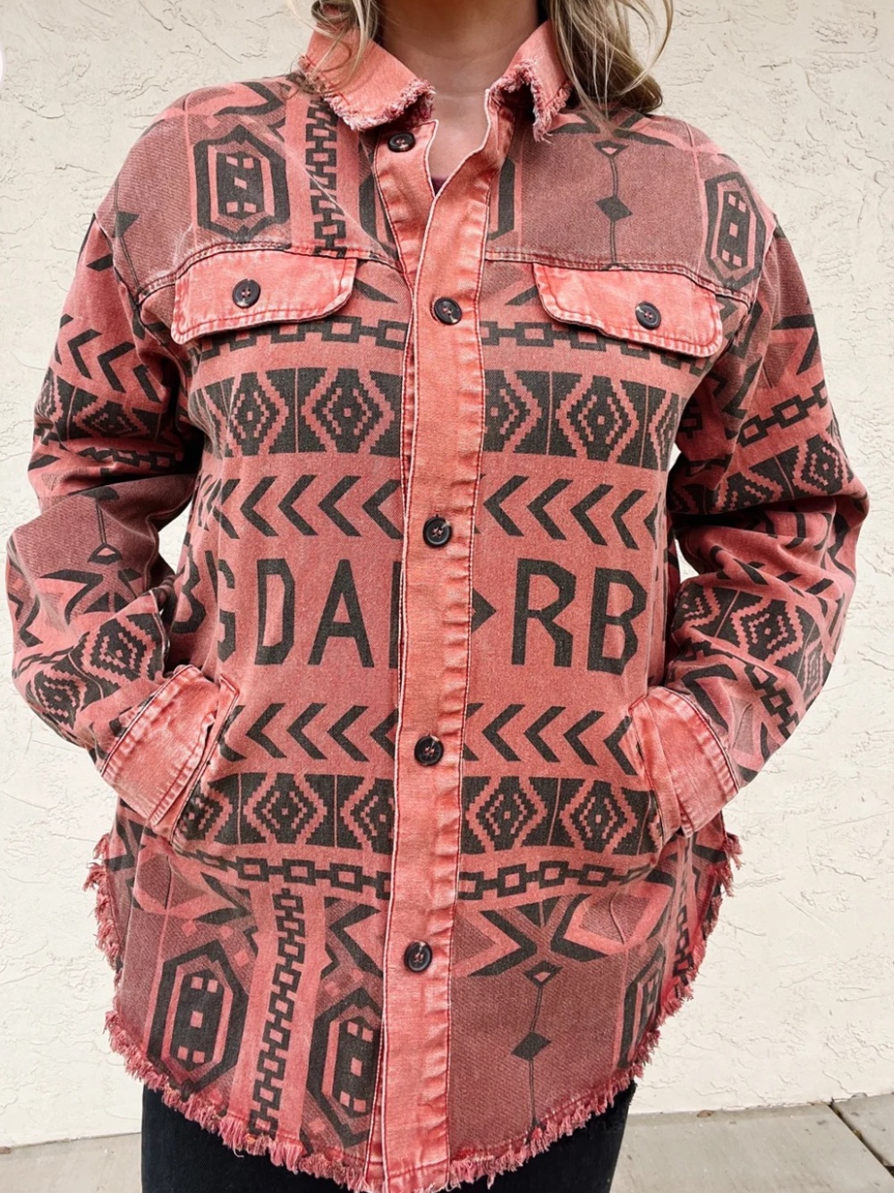 Mazik Coral Aztec-Pattern Button-Up Jean Jacket